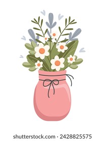 Flores de primavera en un jarrón rosa aislado sobre fondo blanco. Ramo de primavera. Ilustración vectorial. Estilo lindo plano.