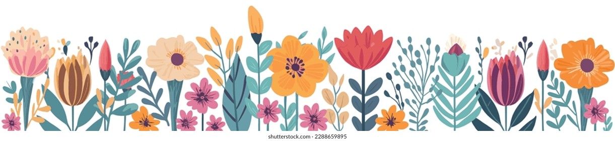 Spring Flowers and Plants Banner on white Background. Floral backdrop decorated with beautiful colorful blooming flowers and leaves. Isolated on white. Horizontal Botanical Flat Vector Illustration