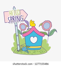 spring flowers plants with house and emblem direction