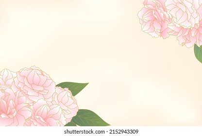 Spring flowers and plants, light pink gradient double cherry blossom (peony cherry blossom) frame, watercolour background.