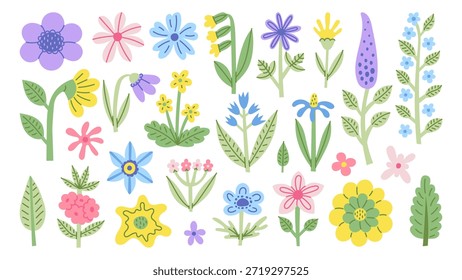 Spring Flowers and Plants Set. Abstract Cut Out Floral Botanical Collection. Pastel colored Anemone Helleborus Primrose Pushkinia Chionodoxa Daphne. Vector illustration