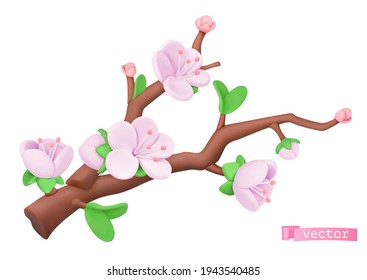 Spring Flowers, Plasticine Art Illustration. Tree Branch. 3d Cartoon Vector Icon