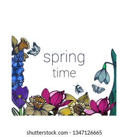 spring flowers, postcard, daffodils, crocuses, tulips butterflies, bumblebee, hand drawing, vector
