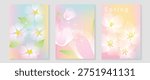 Spring flowers poster vector set. Botanical pastel gradient background and white floral design for spring and summer sale ads, invitation backgrounds, cards, branding, packaging and wall decoration.