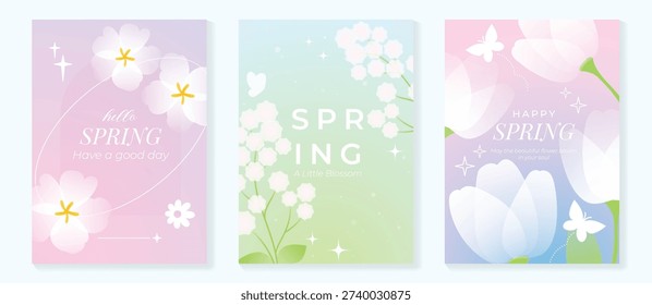 Spring flowers poster vector set. Botanical pastel gradient background and  white floral design for spring and summer sale ads, invitation backgrounds, cards, branding, packaging and wall decoration.