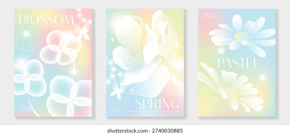 Spring flowers poster vector set. Botanical pastel gradient background and  white floral design for spring and summer sale ads, invitation backgrounds, cards, branding, packaging and wall decoration.