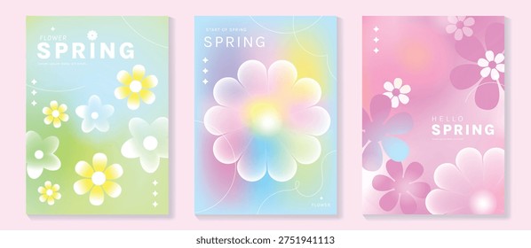 Spring flowers poster vector set. Botanical pastel gradient background and white floral design for spring and summer sale ads, invitation backgrounds, cards, branding, packaging and wall decoration.