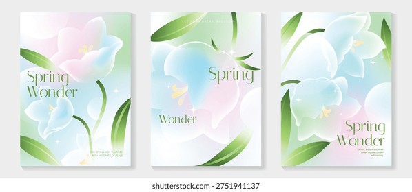 Spring flowers poster vector set. Botanical pastel gradient background and white floral design for spring and summer sale ads, invitation backgrounds, cards, branding, packaging and wall decoration.