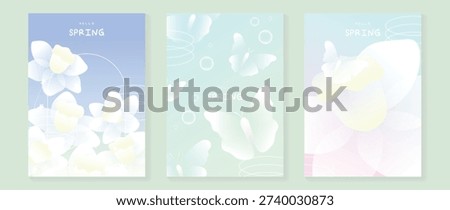 Spring flowers poster vector set. Botanical pastel gradient background and  white floral design for spring and summer sale ads, invitation backgrounds, cards, branding, packaging and wall decoration.