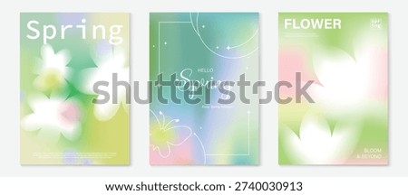 Spring flowers poster vector set. Botanical pastel gradient background and  white floral design for spring and summer sale ads, invitation backgrounds, cards, branding, packaging and wall decoration.
