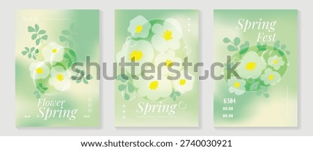 Spring flowers poster vector set. Botanical pastel gradient background and  white floral design for spring and summer sale ads, invitation backgrounds, cards, branding, packaging and wall decoration.