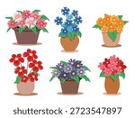 Spring Flowers in pot clipart set. Colorful bunch of blooming and fresh Spring Flowers in brown vase clip art flat drawing elements flower bouquet collection vector illustration.

