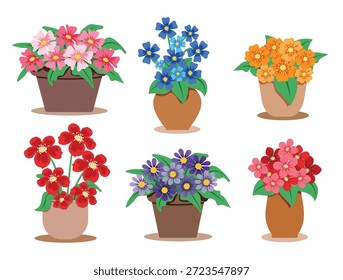 Frühlingsblumen im Topf Clipart Set. Bunte Bündel von blühenden und frischen Frühlingsblumen in brauner Vase Clip Art flache Zeichnungselemente Blumenstrauß Sammlung Vektorgrafik.
