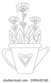 Flores de primavera en una olla en forma de lata de agua. Dibujo de vectores. Línea negra, contorno. Fondo blanco. Planta de casa decorativa, maceta de flores para impresión, decoración, diseño, impresión, decoración y postales
