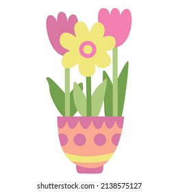 Frühlingsblumen in einem Topf. Handgezeichnete flache Vektorgrafik. Ideal für Ostergrußkarten.