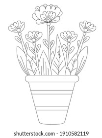 Spring flowers in a pot. Vector drawing. Black line, outline. White background. Decorative houseplant in a flowerpot for print, decor and design, print, decoration and cards