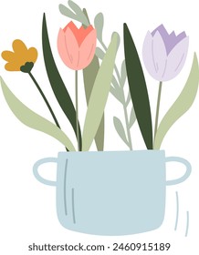 Flores De Primavera En Ilustración vectorial De Olla