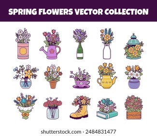 Spring flowers with pot vector illustration set