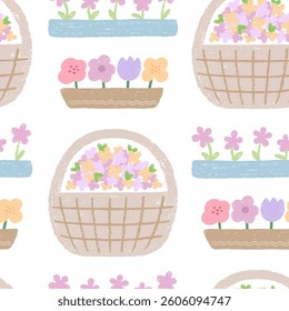 Spring flowers in pots and baskets, chalk drawn seamless pattern
