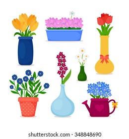 Spring flowers in pots and flower in vase set.  Bouquet vector icons. 