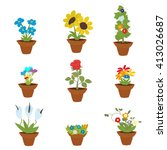 Spring Flowers In Pots, Isolated On White Background, Vector Illustration