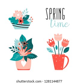 
Spring flowers in pots and vases.
