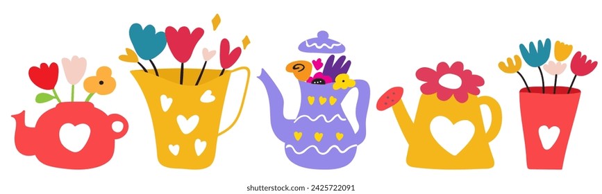 Flores de primavera en macetas, jarrones, regaderas. Colección de iconos dibujados a mano. Vector ilustraciones planas aisladas sobre fondo blanco.