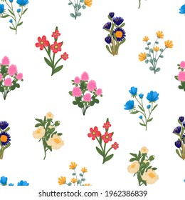 Spring flowers print. Blooming midsummer meadow vector seamless pattern. Plant background for fashion, wallpapers, wrap. Different flowers on the field. Liberty style millefleurs. Floral design