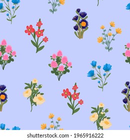 Spring flowers print. Blooming midsummer meadow vector seamless pattern. Plant background for fashion, wallpapers, wrap. Different flowers on the field. Liberty style millefleurs. Floral design