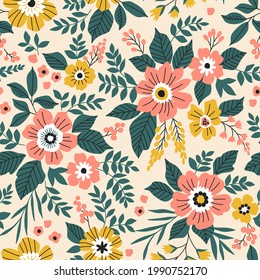 Spring flowers print. Vector seamless floral pattern. Plant design for fashion prints. Endless print made of small coral and yellow flowers. Elegant template. Ecru background. Stock vector.