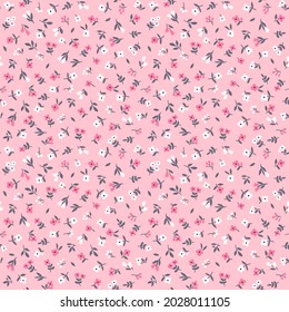 Spring flowers print. Vector seamless floral pattern. Floral design for fashion prints. Endless print made of small white and pink flowers. Elegant template. Pale pink background. Stock vector.