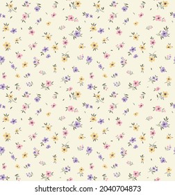 Spring flowers print. Vector seamless floral pattern. Floral design for fashion prints. Endless print made of small colorful pastel flowers. Elegant template. White pink background. Stock vector.