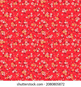 Frühlingsblumen drucken. Vektornahtloses Blumenmuster. Pflanzendesign für Modedrucke. Endlos bedruckt aus kleinen weißen und gelben Blumen. Elegante Vorlage. roter Hintergrund. Stock-Vektorgrafik.