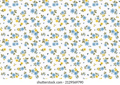 Spring flowers print. Vector seamless floral pattern. Floral design for fashion prints. Endless print made of small blue and yellow flowers. Elegant template. White background. Stock vector.