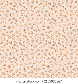 Spring flowers print. Vector seamless floral pattern. Floral design for fashion prints. Endless print made of small pale orange flowers. Elegant template. White ivory background. Stock vector.