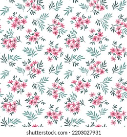 Spring flowers print. Vector seamless floral pattern. Floral design for fashion prints. Endless print made of small pastel pink  flowers. Cute template. White background. Stock vector.