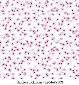 Spring flowers print. Vector seamless floral pattern. Floral design for fashion prints. Endless print made of small lilac pink flowers. Elegant template. White pink background. Stock vector.