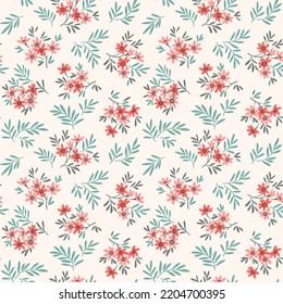 Spring flowers print. Vector seamless floral pattern. Floral design for fashion prints. Endless print made of small pastel pink flowers. Elegant template. White pink background. Stock vector.