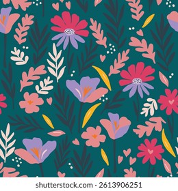 Spring flowers print. Vector seamless floral pattern. Floral design for fashion prints. Elegant template. Dark green background. Vector illustration