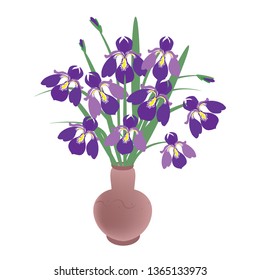 Spring flowers purple irises, bouquet in a vase on a white background, close-up