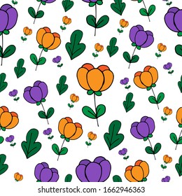 Spring flowers purple and orange tulips vector illustration seamless pattern