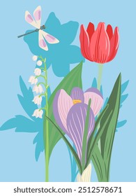 Flores de primavera, tulipanes rojos y azafranes, Vector dibujando plantas de flores silvestres y libélula en el fondo azul del cielo, composición floral, ilustración botánica dibujada a mano