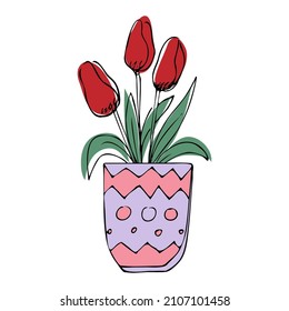 Spring flowers red tulips in a vase doodle style.