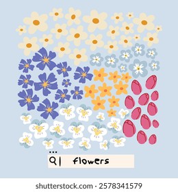 Spring flowers retro poster. Floral banner for decoration Spring events, Mother's Day, Easter. Beautiful abstract wild flowers. Cartoon floral art design. Spring time background