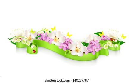 Spring flowers and ribbon, vector