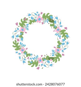 Spring flowers round frame. Floral wreath isolated on white background. Circle border of bouquet. Vector flat illustration.