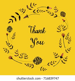 Spring flowers round on yellow background with Thank you written in the middle