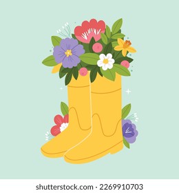 Spring flowers in rubber yellow boots. Spring pastel composition, postcard.