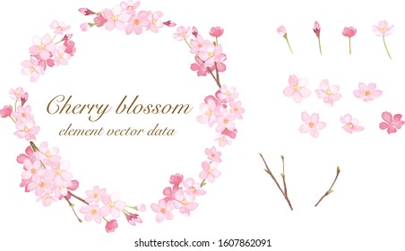 Spring Flowers: Sakura Round Frame And Elements Set. Watercolor Illustration Trace Vector