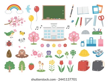 Conjunto de flores de primavera e ilustración de entrada a la escuela
traducción:Mes,Día,